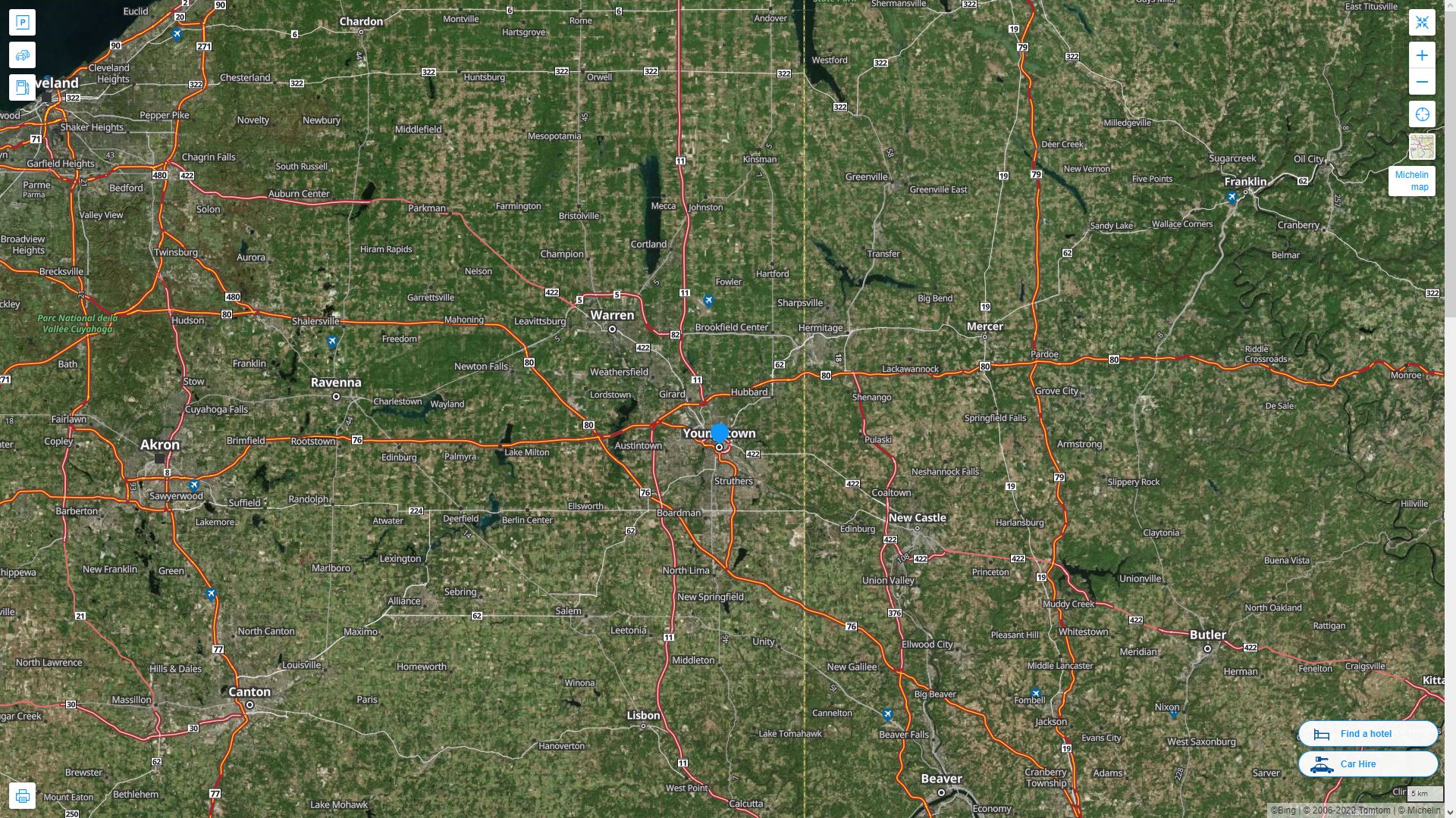 Youngstown Ohio Highway and Road Map with Satellite View